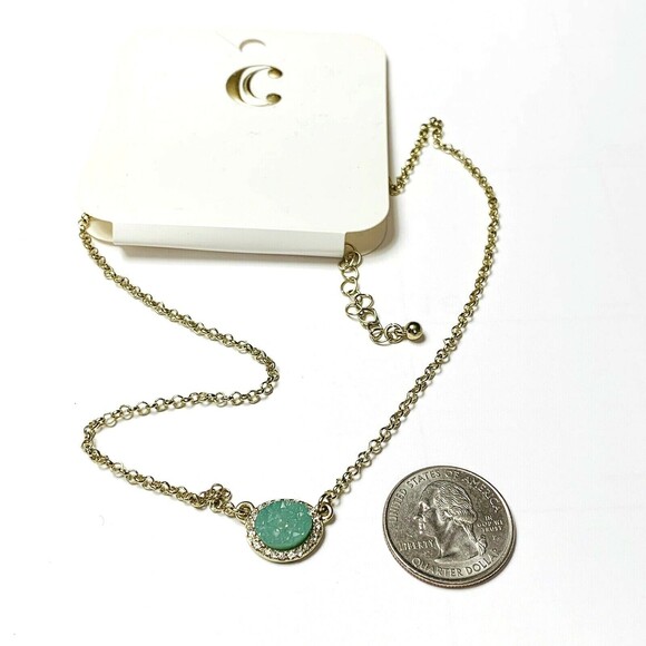 Charming Charlie Green Faux Druzy Necklace Stone Gold Tone with Rhinestones - Picture 4 of 6